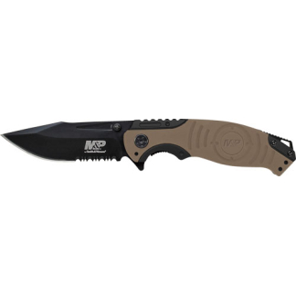 S&W KNIFE M&P INDEX FLIPPER - 3.5" BLACK/DESERT TAN CLIP PT