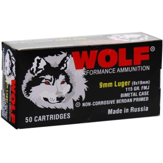Wolf Performance Steel Case Handgun Ammunition 9mm Luger 115gr FMJ 1130 fps 50/ct