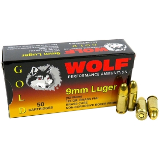Wolf (Turkish) Gold Handgun Ammunition 9mm Luger 124gr FMJ 50/ct