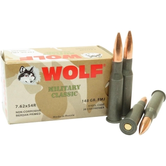Wolf Military Classic Rifle Ammunition 7.62x54R 148gr FMJ  2740 fps 20/ct