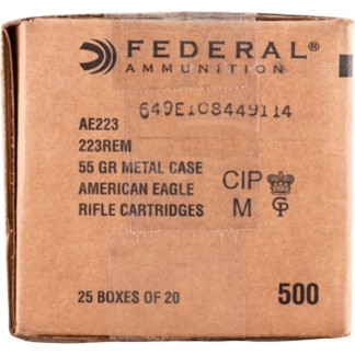 Federal Ammo American Eagle Rifle Ammunition .223 Rem 55 gr FMJ 3240 fps 500/rd Case