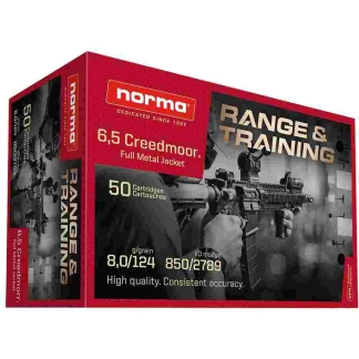 Norma Range & Training Rifle Ammunition 6.5 Creedmoor 124gr FMJ 2789 fps 50/ct