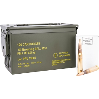 PPU Rangemaster Rifle Ammunition .50 BMG 625gr FMJ 2940 fps 120/ct (Metal Can)