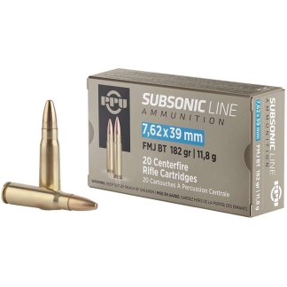 PPU Subsonic Rifle Ammunition 7.62x39mm 182gr FMJ 1033 fps 20/ct