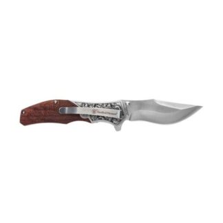 Smith & Wesson Unwavered Folding Knife 3-1/4" Clip Point Blade Engraved Wood Blister