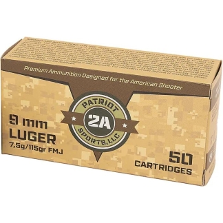 Patriot Sports Brass Case Handgun Ammunition 9mm Luger 115gr FMJ 1230 fps 50/ct