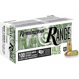 Remington Range Handgun Ammunition 9mm Luger 115gr FMJ 1145 fps 100/ct