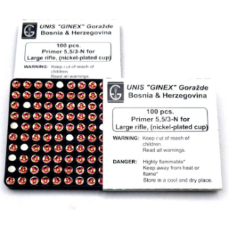 UNIS GINEX LARGE RIFLE PRIMERS 100RD BOX 5000RD CASE