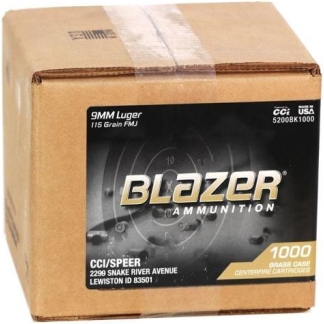 CCI Blazer Brass Handgun Ammunition 9mm Luger 115 gr. FMJ 1145 fps 1000/ct (Loose Pack)