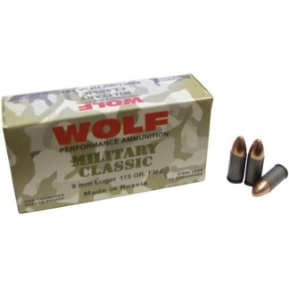 Wolf Miltary Classic Handgun Ammunition 9mm Luger 115 gr FMJ 1150 fps 50/ct