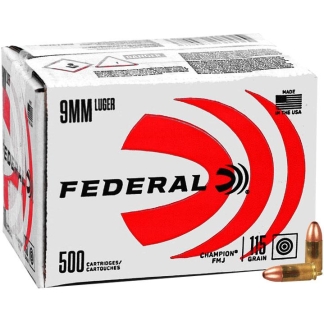 Federal Champion Training Handgun Ammunition 9mm Luger 115 gr FMJ 1125fps 500/ct (Bulk)
