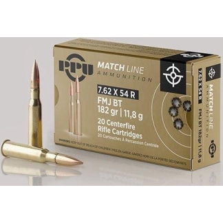 PPU Match Rifle Ammunition 7.62mm x 54R Match 182 gr FMJ-BT 2625 fps 20/ct