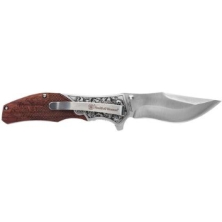 Smith & Wesson Unwavered Folding Knife 3-1/4" Clip Point Blade Engraved Wood Blister