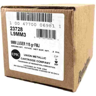 Remington UMC Handgun Ammunition 9mm Luger 115 gr FMJ 1145 fps 1000/ct Case (20-50/ct Boxes)