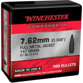 Winchester FMJBT Bullets 7.62mm .308" 147gr 100/ct