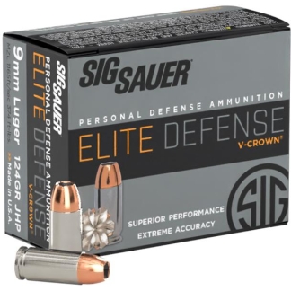 Sig Sauer Elite Performance Pistol Ammunition 9mm 124 gr Elite V-Crown JHP Box 20