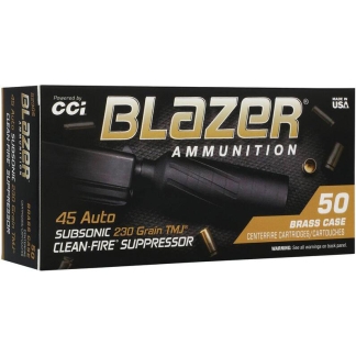 CCI Blazer Brass Clean-Fire Suppressor handgun Ammunition .45 Auto 230gr TMJ 800 fps 50/ct