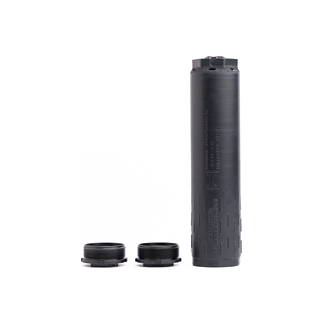 HUXWRX Flow Range 36 Ti suppressor in black Cerakote with 1/2x28 and 5/8x24 direct thread adapters
