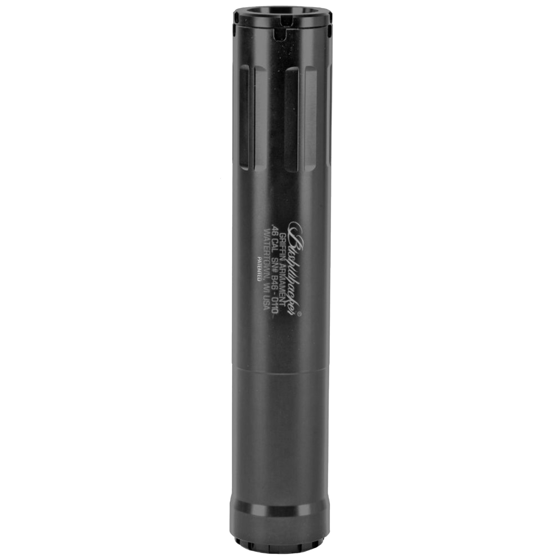 NFAGRIGABUSH46-W_1 | ATFirearms GRIFFIN ARMAMENT Bushwacker 46 suppressor black finish side view 1.50 inch diameter
