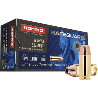 Norma Safeguard Handgun Ammunition 9mm Luger 124gr JHP 1188 fps 50/ct