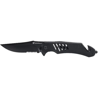 Smith & Wesson Extreme Ops Folding Knife 3-1/2" Clip Point Blade Black with Glass Breaker and Strap Cutter