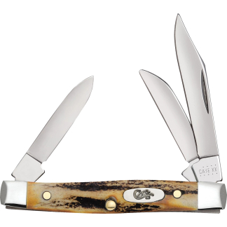 Traditional folding pocket knife with two blades open, ivory bone handle and brass pins.