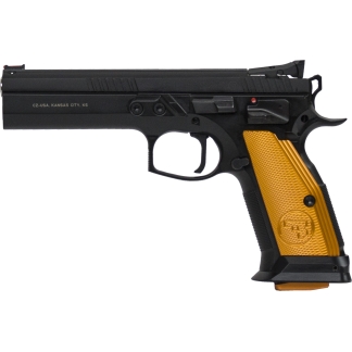 Side view of a semi-automatic pistol with a black slide and yellow textured grip on white background?