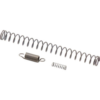 Assortment of metal coil springs of different sizes and end types arranged diagonally.