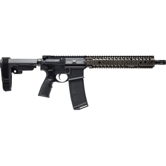 Black modern sporting rifle with adjustable stock, pistol grip, and full-length rail handguard viewed in profile, magazine inserted