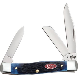 Three-blade pocket knife with a blue-black textured handle and brass pins, blades extended in a fan layout (CASE logo visible).