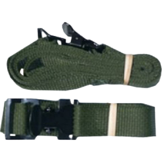 Olive green tactical belt with black plastic buckle and strap laid flat on a white background