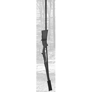 Hunting rifle with a sling hanging upright in a wooded area outside.