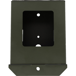 Olive green metal electrical box with a square window-like opening and mounting flange at the bottom.