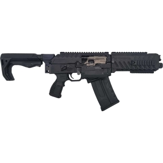 Futuristic black assault rifle with a folding stock and large curved magazine.