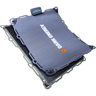 Industrial-looking cooling plate for a cryptocurrency mining rig with a blue honeycomb surface and 'Dark Energy SPECTRE' branding on a metal frame.