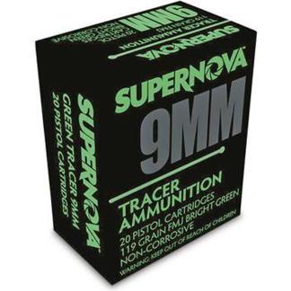 Box of 9mm tracer ammunition labeled SUPER NOVA in neon green on a black box, shown at an angle.