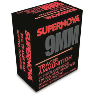 Box of SuperNova 9mm tracer ammunition with red branding on a black background.