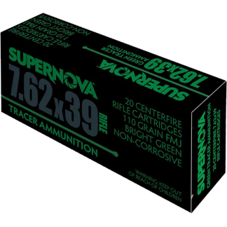 Black box of Supernova 7.62x39 tracer ammunition with green text and branding on sides and warning label.