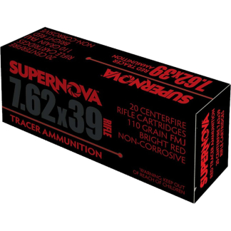 Black box of Supernova 7.62x39 tracer ammunition with red lettering on a dark background