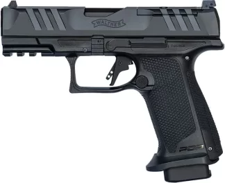 Black Walther PPQ semi-automatic pistol with textured grip and integrated rail on the frame.