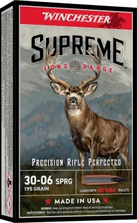 Box of Winchester Supreme Long Range ammunition featuring a deer on the front and the caliber 30-06 SPRG 195 grain text, Made in USA.
