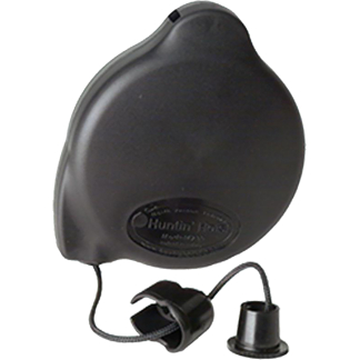 Compact black rounded retractable tool housing with a cord and small attachments, likely a hand-held measuring device or accessory holder.