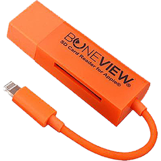 Orange SD card reader dongle with a short attached cable, labeled 'SD Card Reader for Apple'.