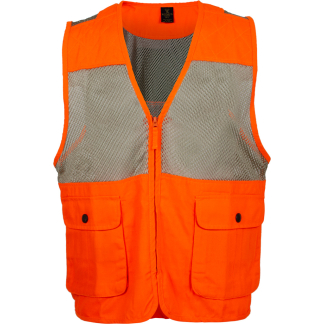 High-visibility orange safety vest with gray mesh back, front zipper, and two large pockets on the front.