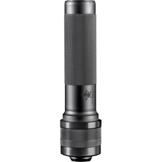 Metal tactical flashlight with knurled grip and compact tail-cap, centered in white background.
