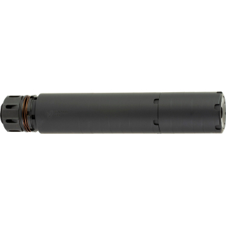 Long black cylindrical rifle suppressor with threaded rear and end-cap against a white background, shown horizontally