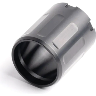 Gray cylindrical muzzle brake/flash suppressor for a firearm with vented slots visible on the sides.