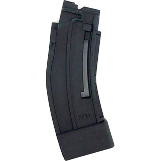 Black curved firearm magazine with a rectangular base plate.