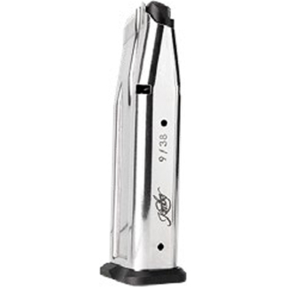 Chrome stapler standing upright on a black base, with '9/38' printed along its side