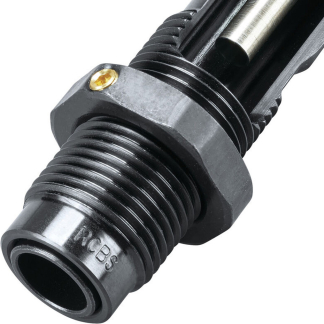 Close-up of a black bicycle pump nozzle with a threaded grip and metal valve, used to attach to a tire valve.